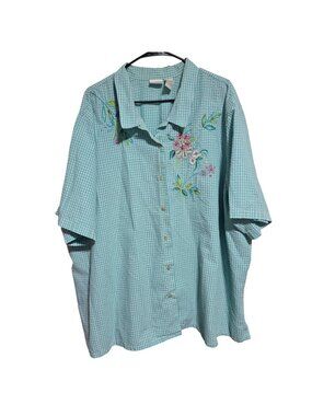 Vintage Koret Francisca Seersucker Button Up Top Plus Size 32W Embroidered